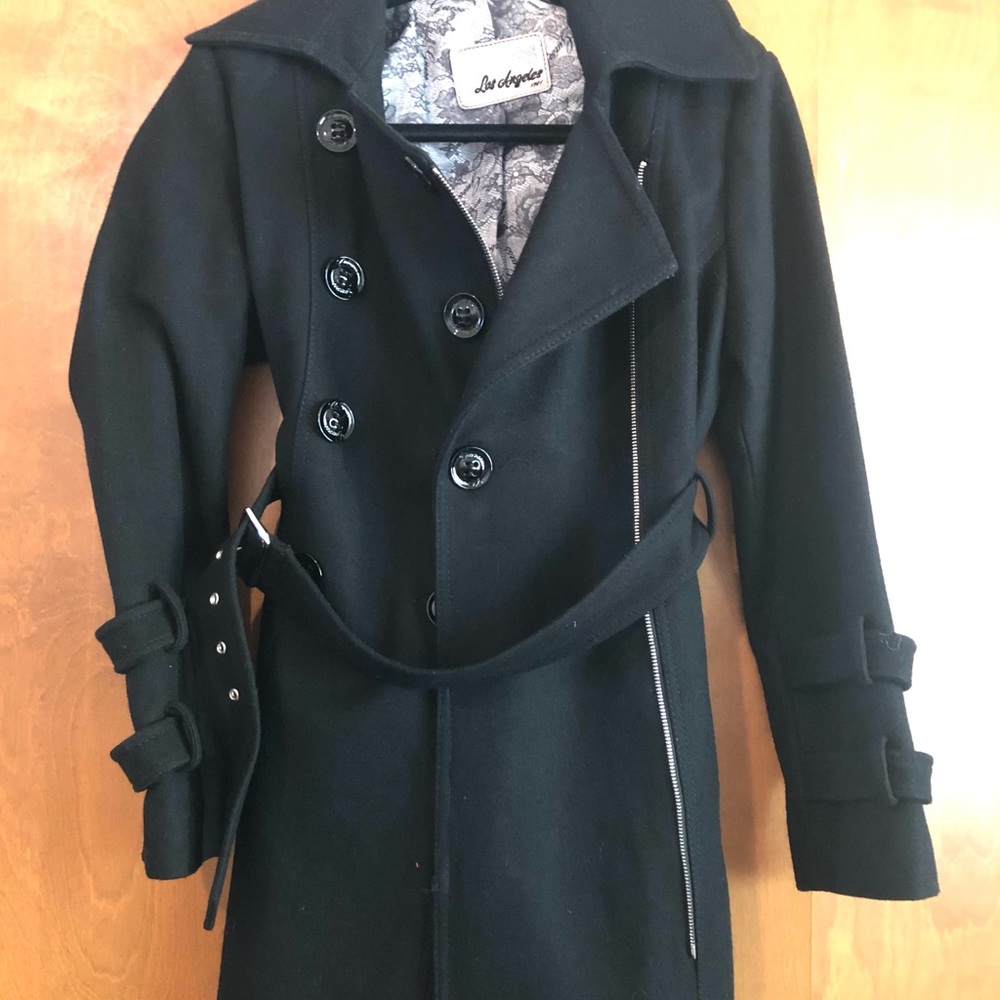 Guess Black Wool Pea Coat with Silver Details